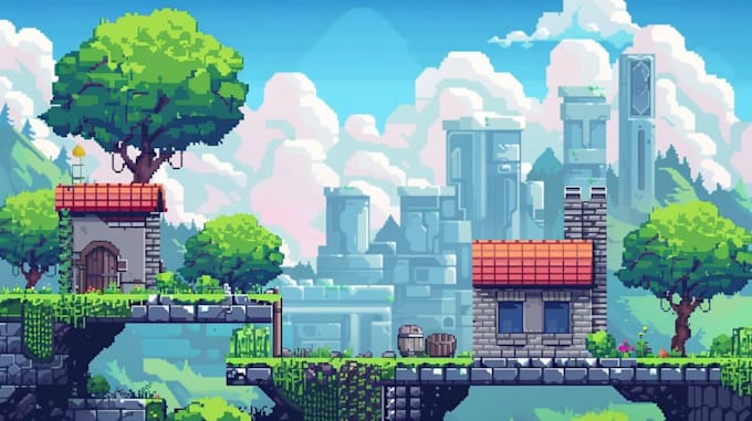 create pixel art environment design, game backgrounds, maps and scenes