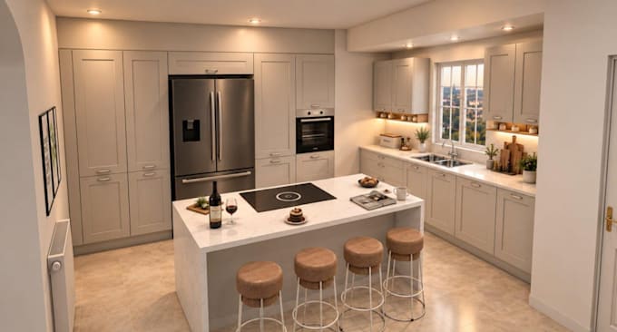 3d design kitchen, cabinet and bathroom interior with render