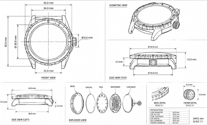 create 3d cad watch models, technical drawings and animation for manufacturing