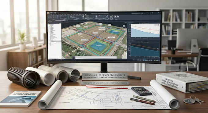 do civil engineering drainage design, pipe sizing, stormwater plan for permit