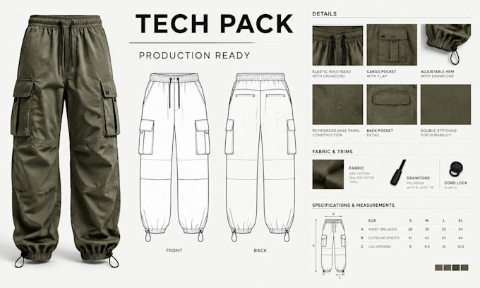 create cargo pants and cargo jogger tech pack for manufacturing