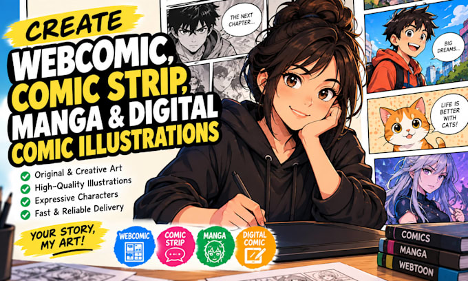 create webcomic, comic strip, manga digital comic illustrations cartoon script