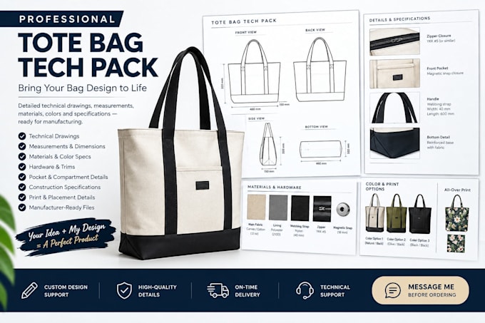 create a tote bag sketch and professional tech pack