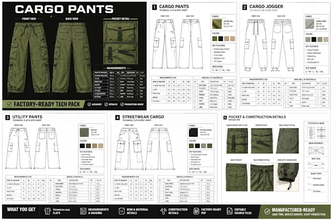 create cargo pants and cargo jogger tech pack for factory production line