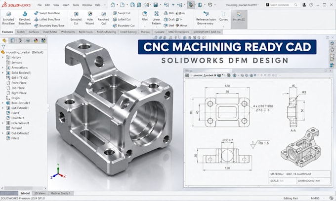 create cnc machining ready solidworks cad, dfm review and engineering drawings