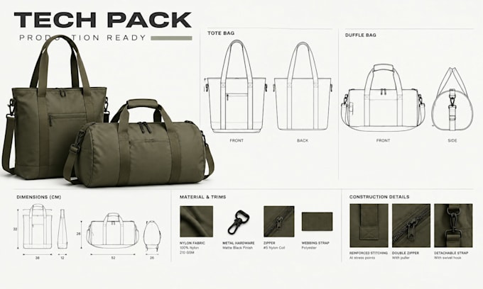 create handbag tote and duffle bag tech pack for manufacturing