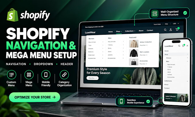 setup shopify navigation, mega menu and dropdown menu for your store