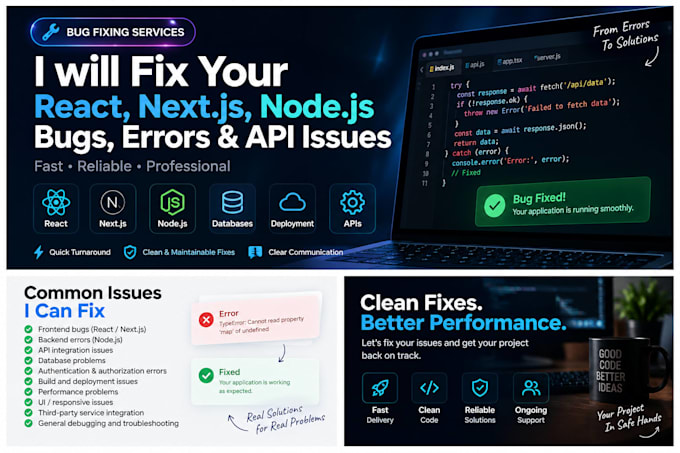 fix react next js node js bugs errors and API issues