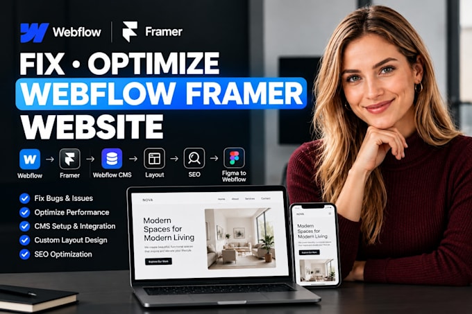 fix optimize webflow framer website, webflow cms, layout, SEO, figma to webflow