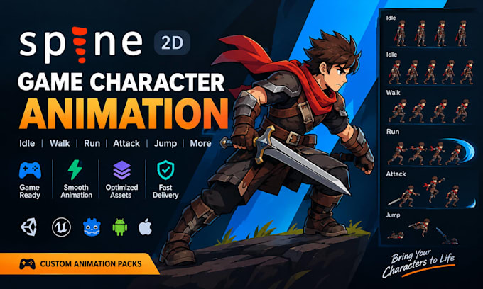create spine 2d game animation, idle loops, attacks and character animations