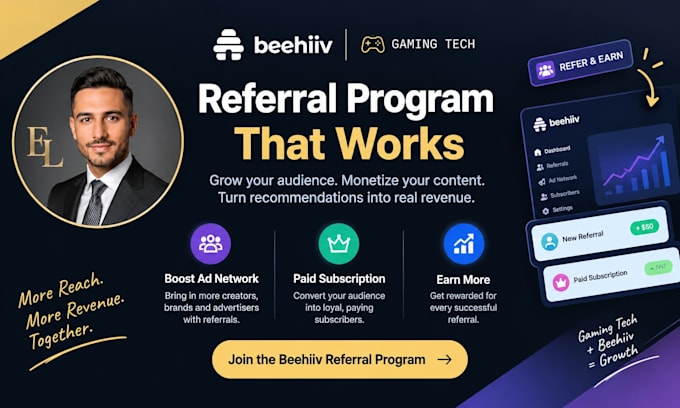 setup gaming tech beehiiv referral program boosts ad network, paid subscription