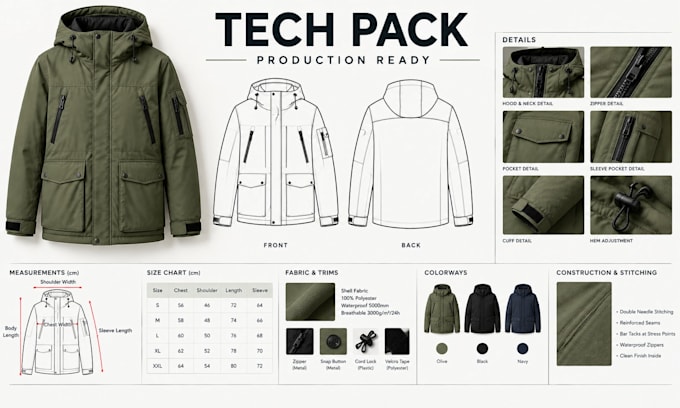 create jacket and outerwear tech pack with technical drawings and specs