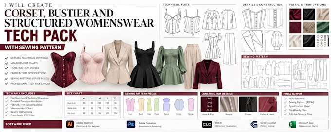 create corset, bustier and structured womenswear tech pack with sewing pattern