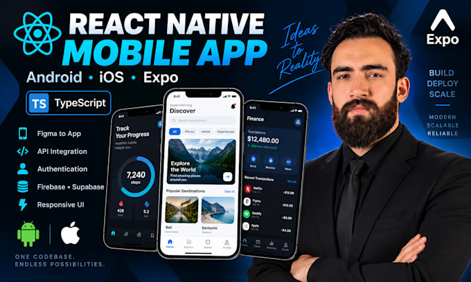 develop react native expo mobile app for android and ios using typescript