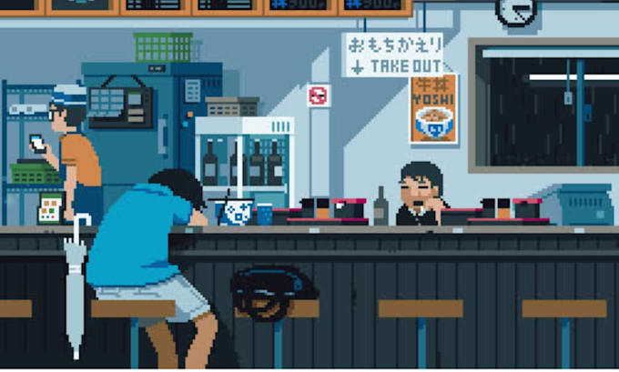 make 8bit 2d pixel art sprite sheet animation, lofi loop character, environment