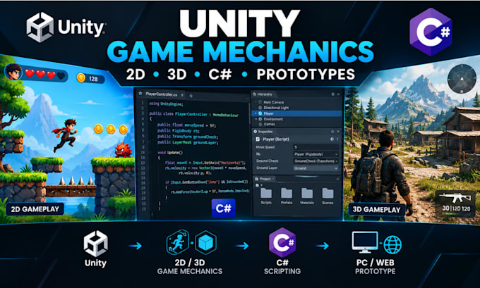 build unity 2d 3d game mechanics, csharp gameplay scripting and web pc prototype