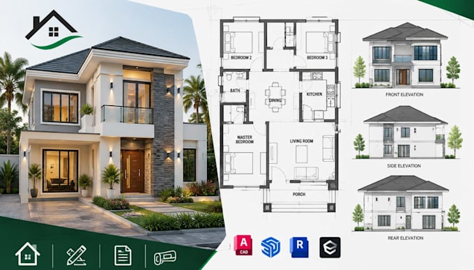 design detailed house floor plans, elevations and architectural drawings