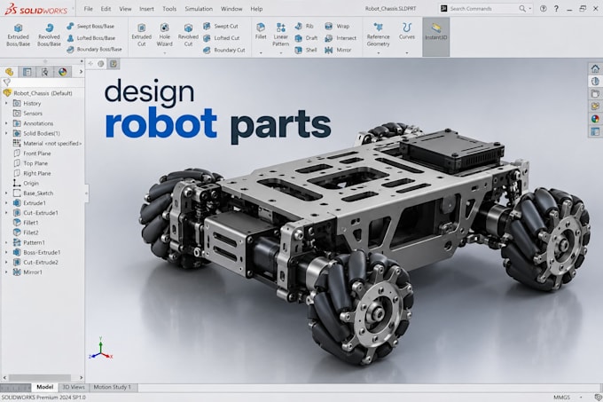 design mechanical robot parts, robot chassis and solidworks 3d cad prototypes