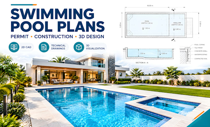 design swimming pool plans, permit drawings, construction and 3d design