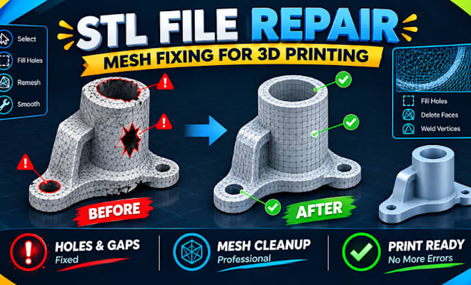 edit, repair stl files, fix mesh errors for quality 3d printing, 3d modeling