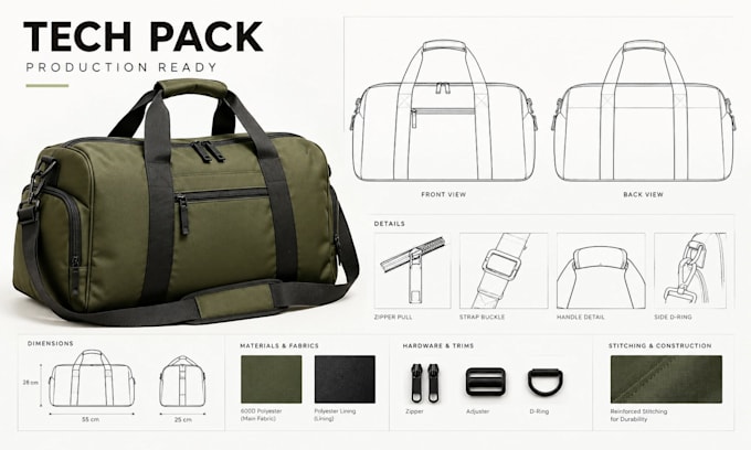 create travel bag tech pack ready for manufacturing