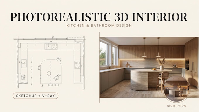 do realistic 3d kitchen design, interior rendering and cabinet remodel