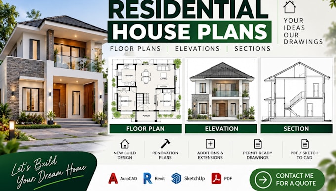 create residential house plans with detailed floor plans, elevations and section