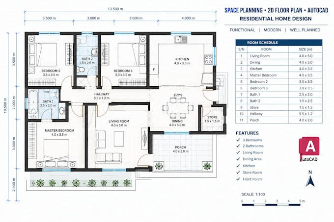 create a 2d floor plan, autocad layout and space planning for residential homes