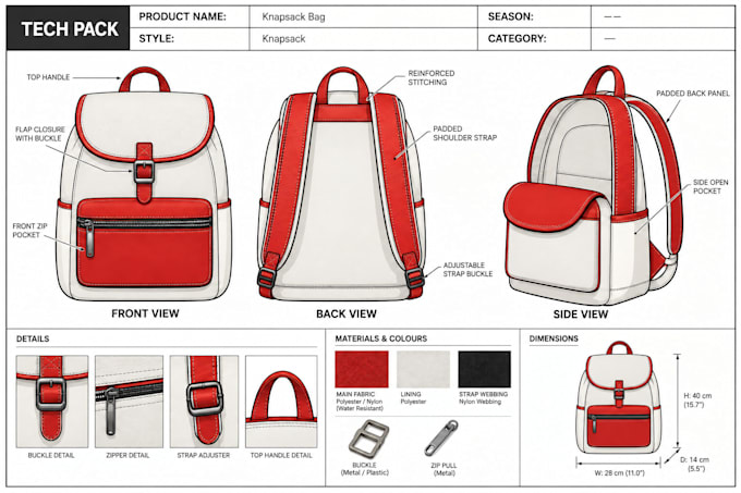 create backpack tech pack, travel bag, school bag, rucksack, specs, production