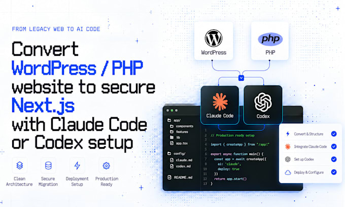 convert wordpress php website to secure nextjs with claude code or codex setup