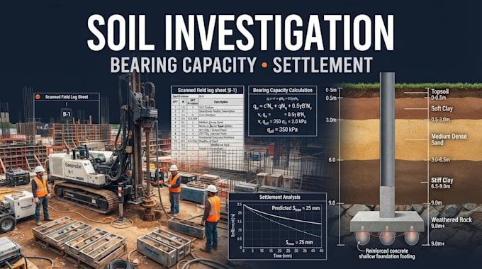 perform soil investigation, bearing capacity and settlement analysis