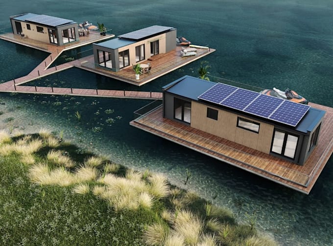 render3d private floating homes,roof solar panel,exterior visual,lakeside resort