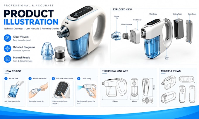 create product illustrations, line art and technical visuals for product manuals