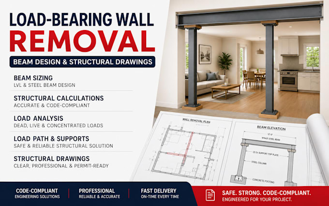 calculate beam size for load bearing wall removal and structural drawings