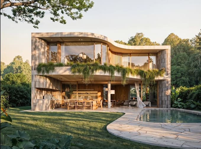 reproduce 3dbiophilic villa,outdoor dining area,open plan layout,poolside render