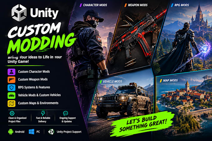 create custom character mod, weapon mod, rpg mod, vehicles mod and map in unity