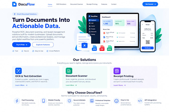 develop ocr website, document scanner website and receipt printing website