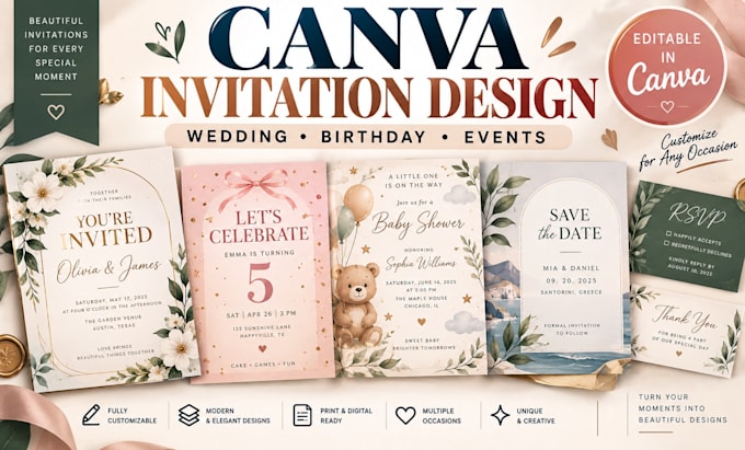 design canva wedding, birthday and digital invitations, editable event cards