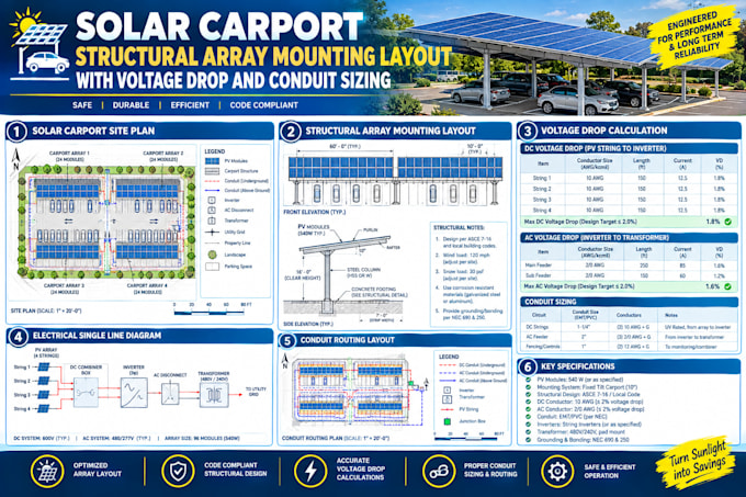 solar carport structural array mounting layout with voltage drop conduit sizing