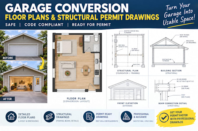 draw garage conversion floor plans and structural permit drawings
