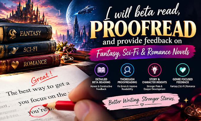 beta read, proofread and provide feedback on fantasy sci fi romance novels