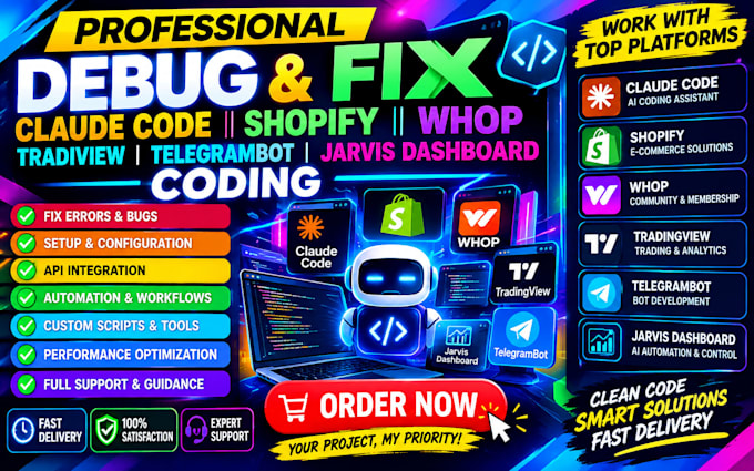 debug fix claude code shopify whop tradiview telegrambot jarvis dashboard coding