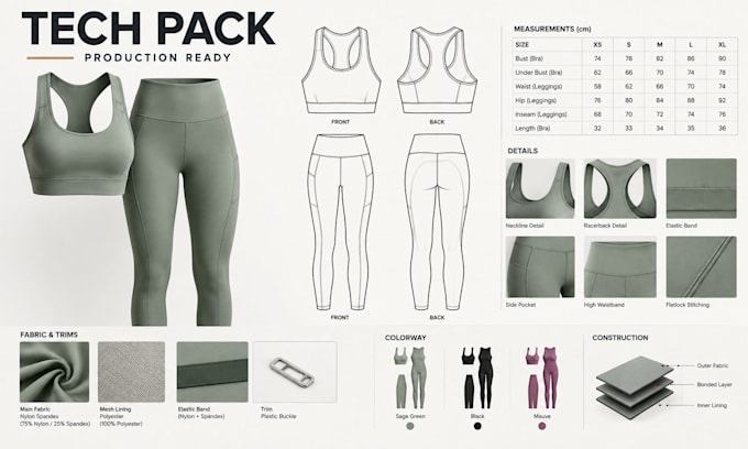 create an activewear tech pack for production with technical drawings