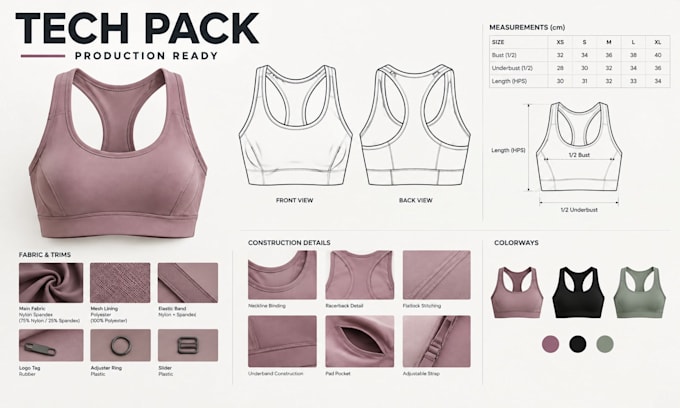 create an activewear tech pack with technical drawings for production