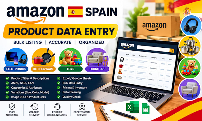 do amazon spain electronics kitchenware toys furniture bulk product data entry