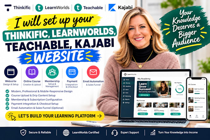 set up your thinkific learnworlds teachable kajabi website
