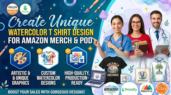 create unique watercolor t shirt design for amazon merch and pod