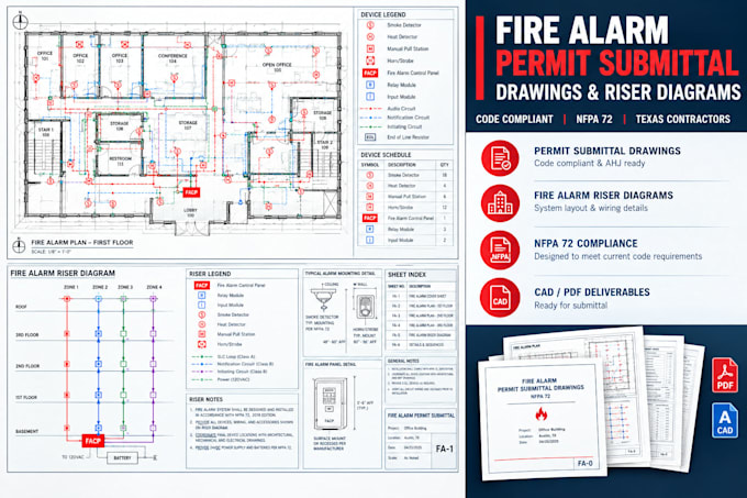 prepare fire alarm permit submittal drawings and riser diagrams