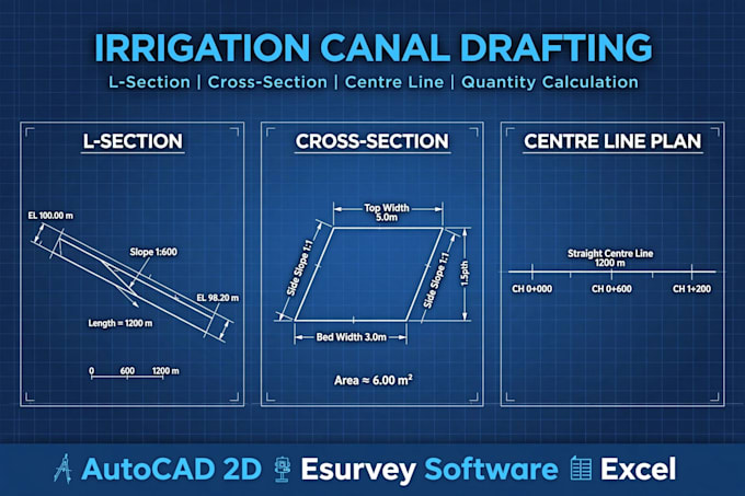 do irrigation canal drafting, l section, cross section in autocad