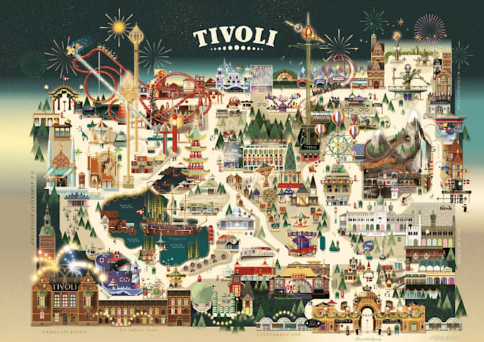 create amusement park map,festive fireworks background,vintage poster style,logo